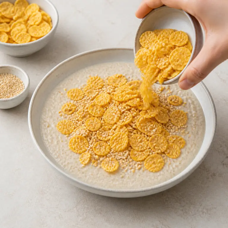 Un pudding d'avoine-soja froid et bien pris, surmonté uniquement de corn flakes croustillants et de graines de sésame, sans fruit.