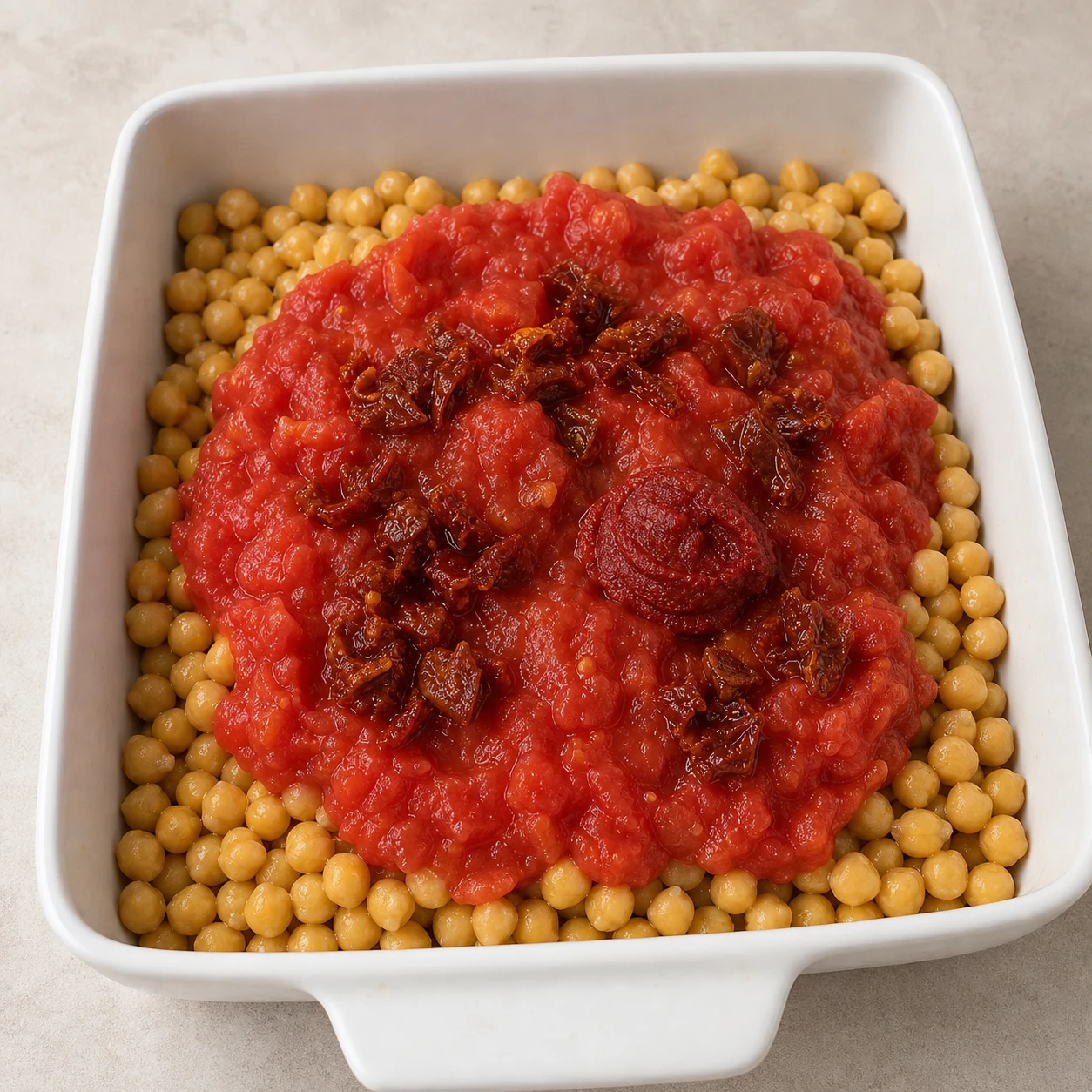 Tomates concassées, concentré rouge foncé et petits morceaux de tomates séchées ajoutés sur les pois chiches dans le plat.