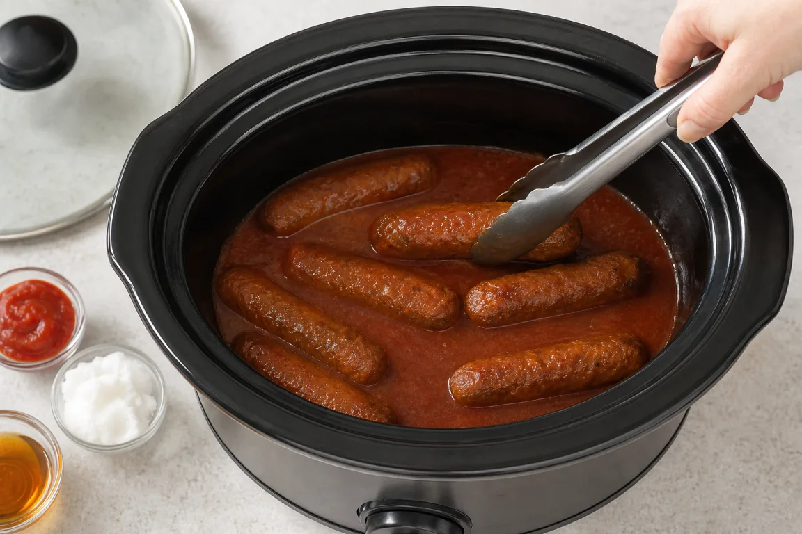 Illustration de l’étape « Étape 5 » pour la recette Saucisses de seitan mijotées à l’érable.