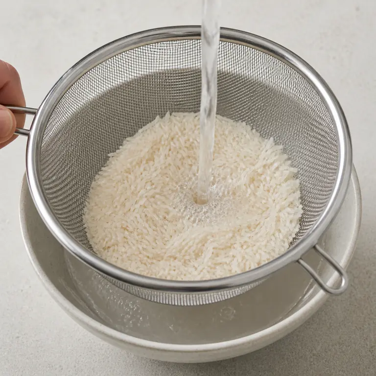 Gros plan pédagogique du geste en cours : rince 80 g de riz basmati dans une passoire fine jusqu'à ce que l'eau soit presque claire. Montrer uniquement cet ingrédient et l'ustensile nécessaire.