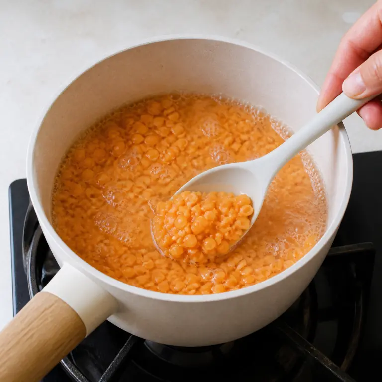 Gros plan pédagogique de fais frémir 90 g de lentilles corail jusqu'à ce qu'elles soient tendres et encore identifiables. Montrer le récipient exact, une main adulte avec l'ustensile adapté et la couleur ou texture qui prouve la cuisson. Aucun autre aliment ne doit masquer le résultat.