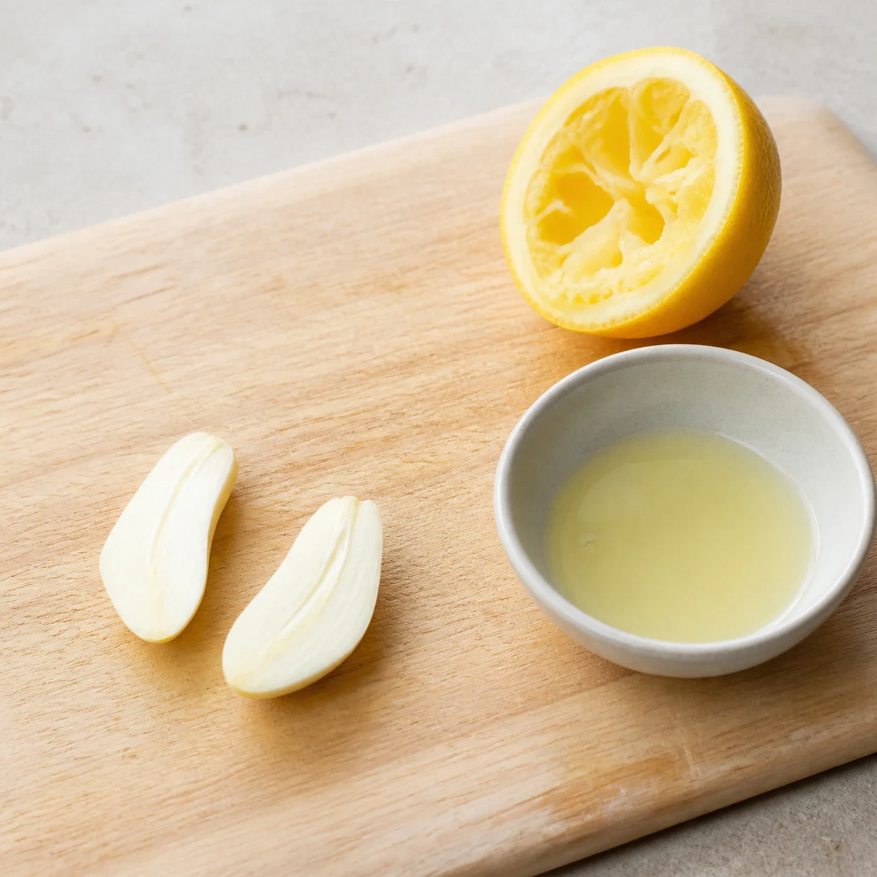 Une gousse d'ail coupée en deux dans la longueur avec germe vert retiré posé à côté, et un demi-citron pressé à côté d'un petit bol contenant son jus, sur une planche en bois clair, aucune main, aucun texte.