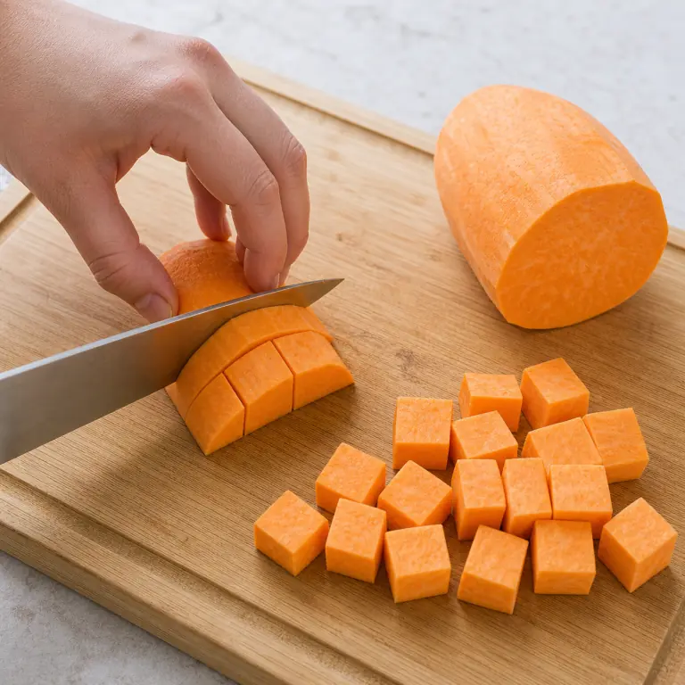 Gros plan pédagogique d'une main adulte qui épluche 250 g de patate douce, coupe-la en deux pour créer une face stable puis détaille-la en cubes réguliers de 2 cm, avec lame visible, doigts en griffe, portion intacte et morceaux finis de taille lisible. Aucun autre aliment sur la planche.