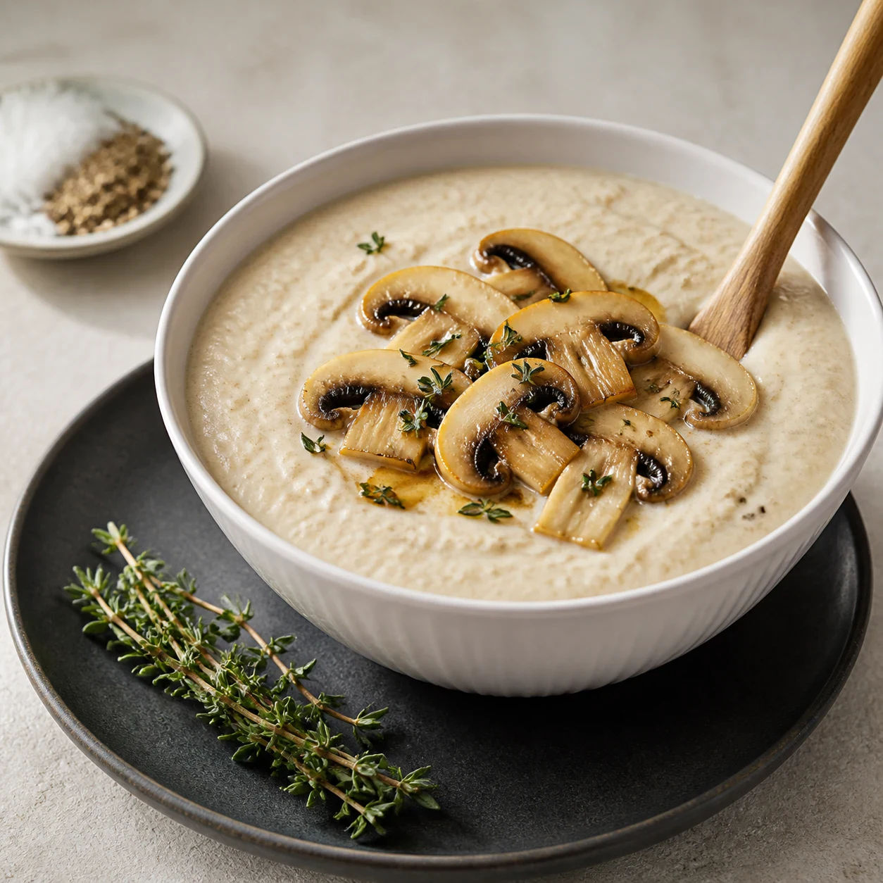 Crème beige clair épaisse dans un bol blanc évasé, lamelles de champignons de Paris dorées disposées sur le dessus avec des brins de thym effeuillés, cuillère en bois plantée dedans, branche de thym posée à côté sur une assiette sombre, aucun texte, aucune marque.