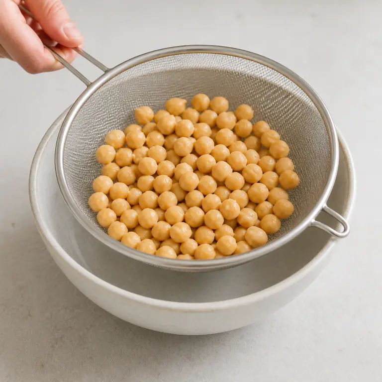 Des pois chiches rincés dans une passoire fine.