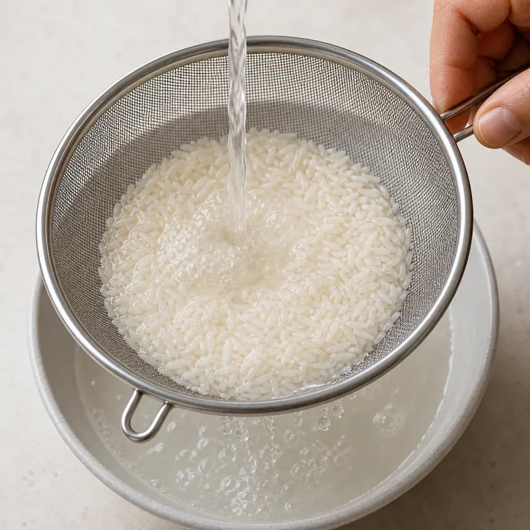 Gros plan pédagogique du geste en cours : rince 80 g de riz basmati dans une passoire fine jusqu'à ce que l'eau soit presque claire. Montrer uniquement cet ingrédient et l'ustensile nécessaire.