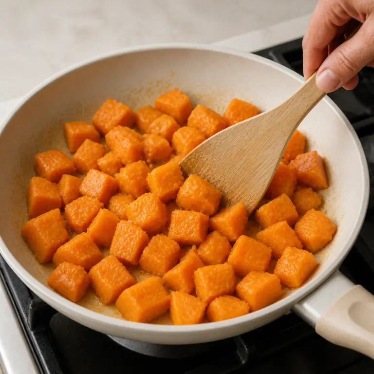 Gros plan pédagogique de fais cuire les cubes de 250 g de patate douce à feu moyen jusqu'à ce qu'ils soient tendres sans se défaire. Montrer le récipient exact, une main adulte avec l'ustensile adapté et la couleur ou texture qui prouve la cuisson. Aucun autre aliment ne doit masquer le résultat.