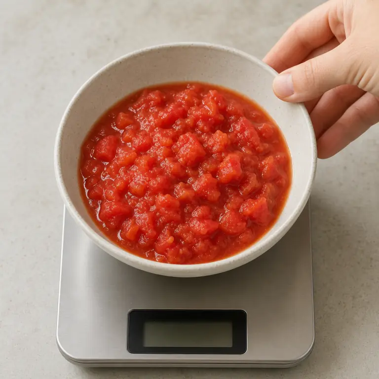 Gros plan pédagogique du geste en cours : mesure 200 g de tomate concassée ; elle est déjà découpée et ne doit pas être recoupée. Montrer uniquement cet ingrédient et l'ustensile nécessaire.
