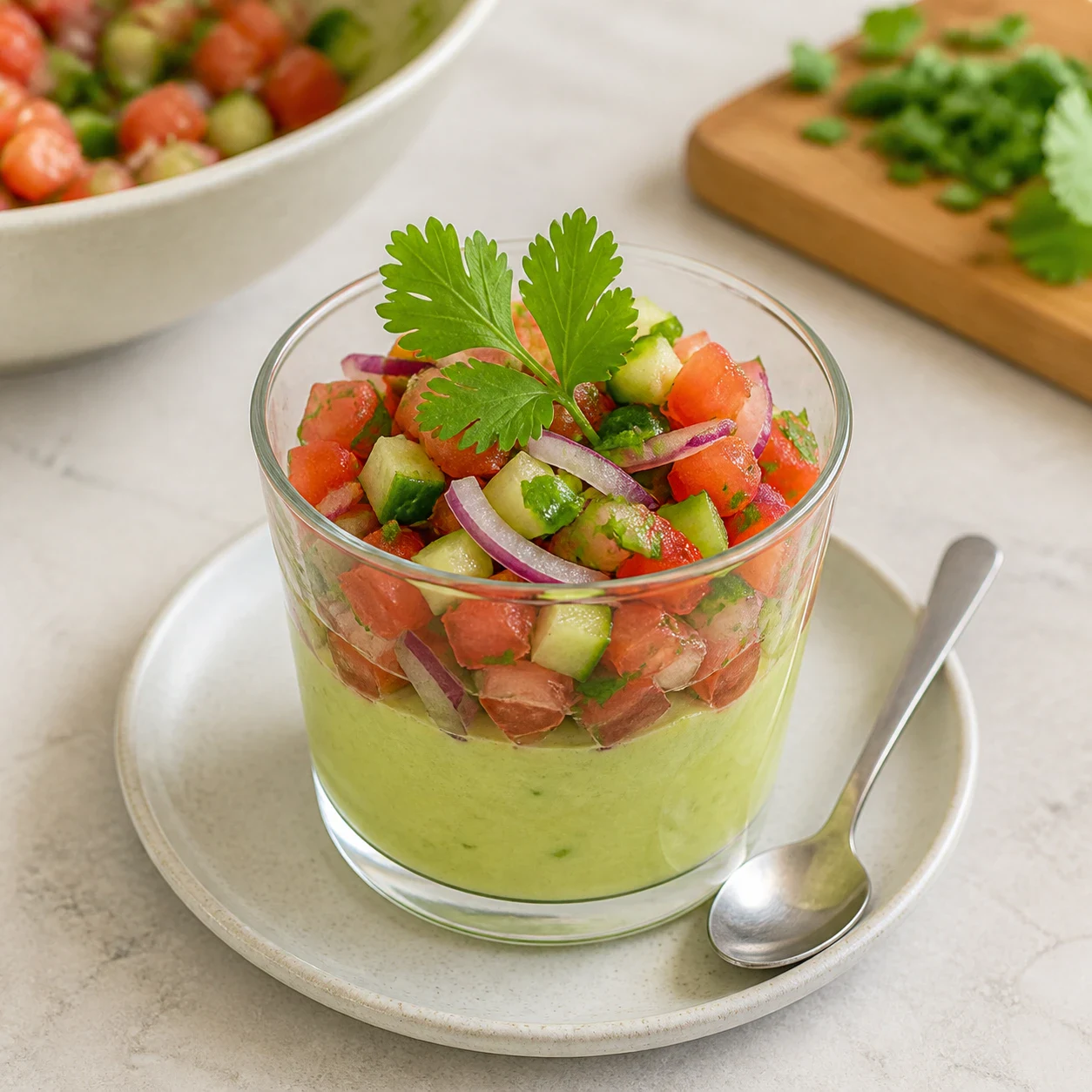 Verrine en verre transparent posée sur une petite assiette, montrant deux couches nettes : en bas une mousse d'avocat vert pâle et lisse, au-dessus des petits dés de tomate rouge, de concombre vert et de fines lamelles d'oignon rouge, décorée de deux feuilles de coriandre fraîche, petite cuillère posée à côté. Aucun crouton, aucune panure, aucun morceau frit, aucun zeste, aucune main, aucun texte, aucune marque.
