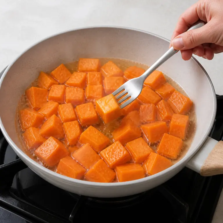 Gros plan pédagogique de fais cuire les cubes de 250 g de patate douce à feu moyen jusqu'à ce qu'ils soient tendres sans se défaire. Montrer le récipient exact, une main adulte avec l'ustensile adapté et la couleur ou texture qui prouve la cuisson. Aucun autre aliment ne doit masquer le résultat.