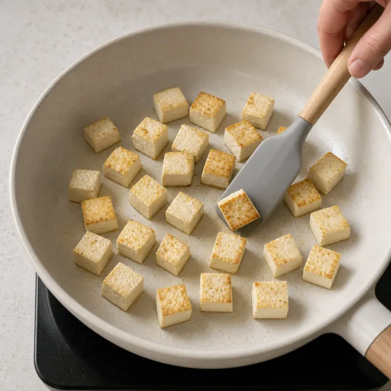 Gros plan pédagogique de fais dorer les cubes de 180 g de tofu dans une poêle chaude et retourne-les seulement quand la face du dessous est dorée. Montrer le récipient exact, une main adulte avec l'ustensile adapté et la couleur ou texture qui prouve la cuisson. Aucun autre aliment ne doit masquer le résultat.