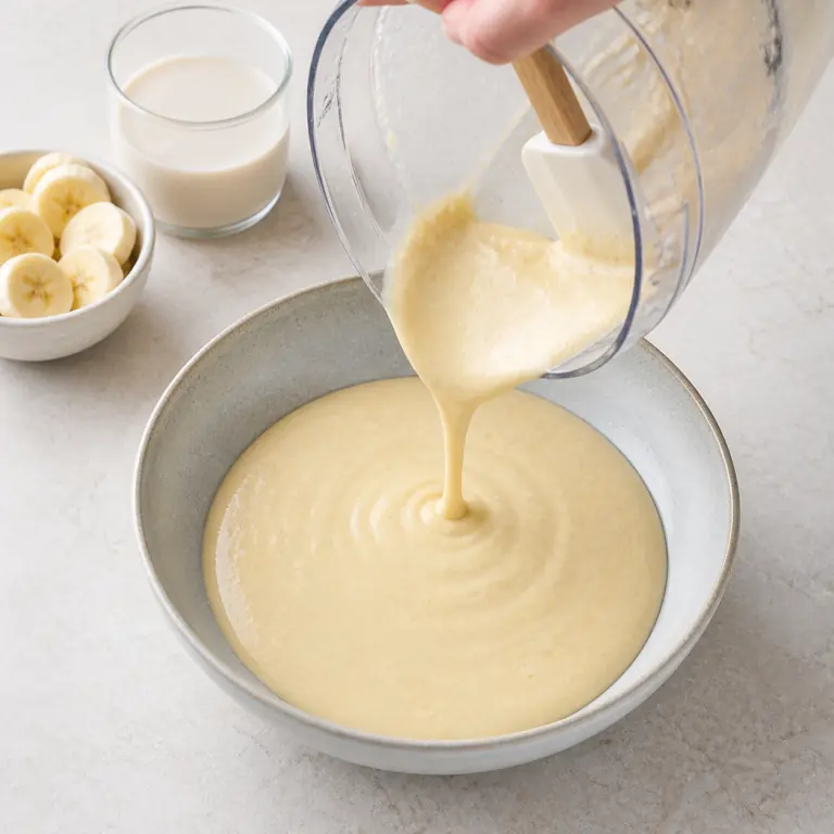 Une base de smoothie bowl banane-soja lisse dans un bol, encore sans garniture.