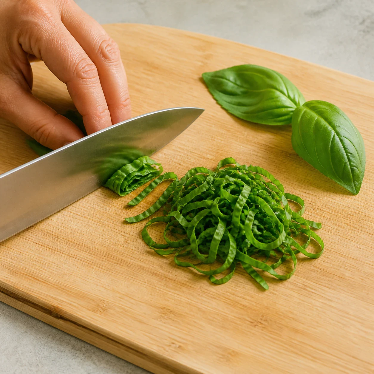 Feuilles de basilic frais roulées en cigare et ciselées en fines lanières vertes sur une planche à découper en bois clair, deux feuilles entières posées à côté, un couteau de chef, aucun autre ingrédient, aucun texte.
