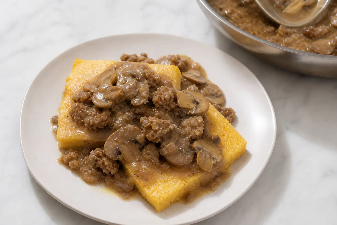 Illustration de l’étape « Étape 5 » pour la recette Polenta avec Rich Mushroom Gravy.