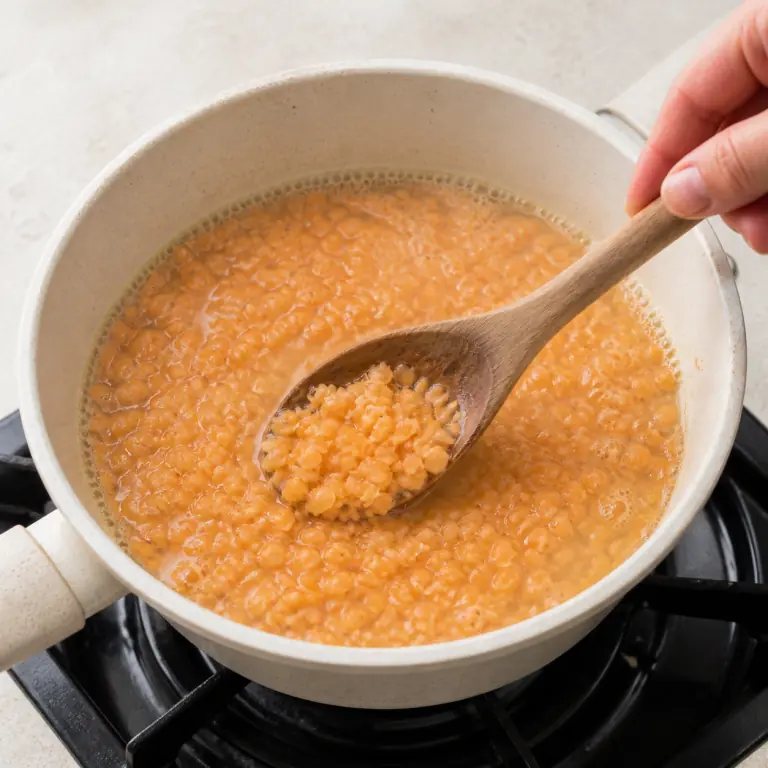Gros plan pédagogique de fais frémir 90 g de lentilles corail jusqu'à ce qu'elles soient tendres et encore identifiables. Montrer le récipient exact, une main adulte avec l'ustensile adapté et la couleur ou texture qui prouve la cuisson. Aucun autre aliment ne doit masquer le résultat.