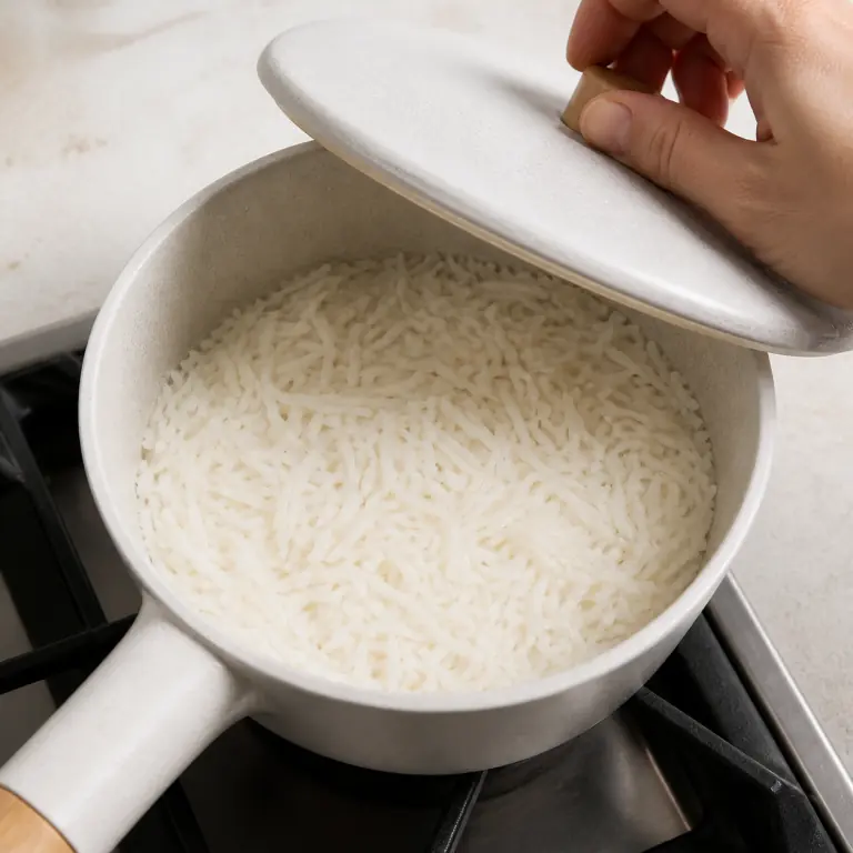Gros plan pédagogique de fais cuire 80 g de riz basmati à petit frémissement, couvercle posé, jusqu'à absorption de l'eau. Montrer le récipient exact, une main adulte avec l'ustensile adapté et la couleur ou texture qui prouve la cuisson. Aucun autre aliment ne doit masquer le résultat.