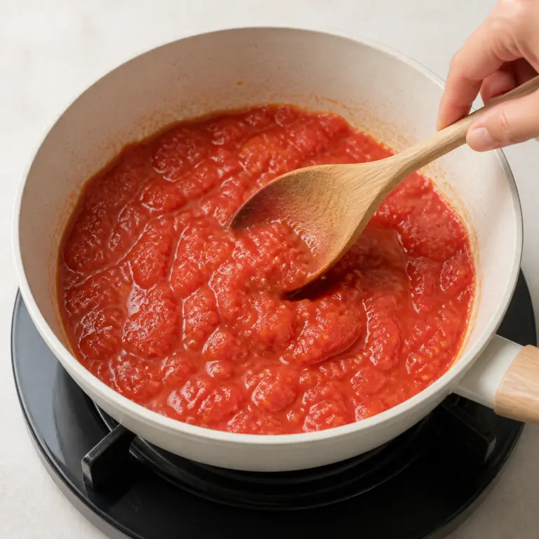Gros plan pédagogique de laisse mijoter 200 g de tomate concassée jusqu'à ce que la sauce épaississe légèrement. Montrer le récipient exact, une main adulte avec l'ustensile adapté et la couleur ou texture qui prouve la cuisson. Aucun autre aliment ne doit masquer le résultat.