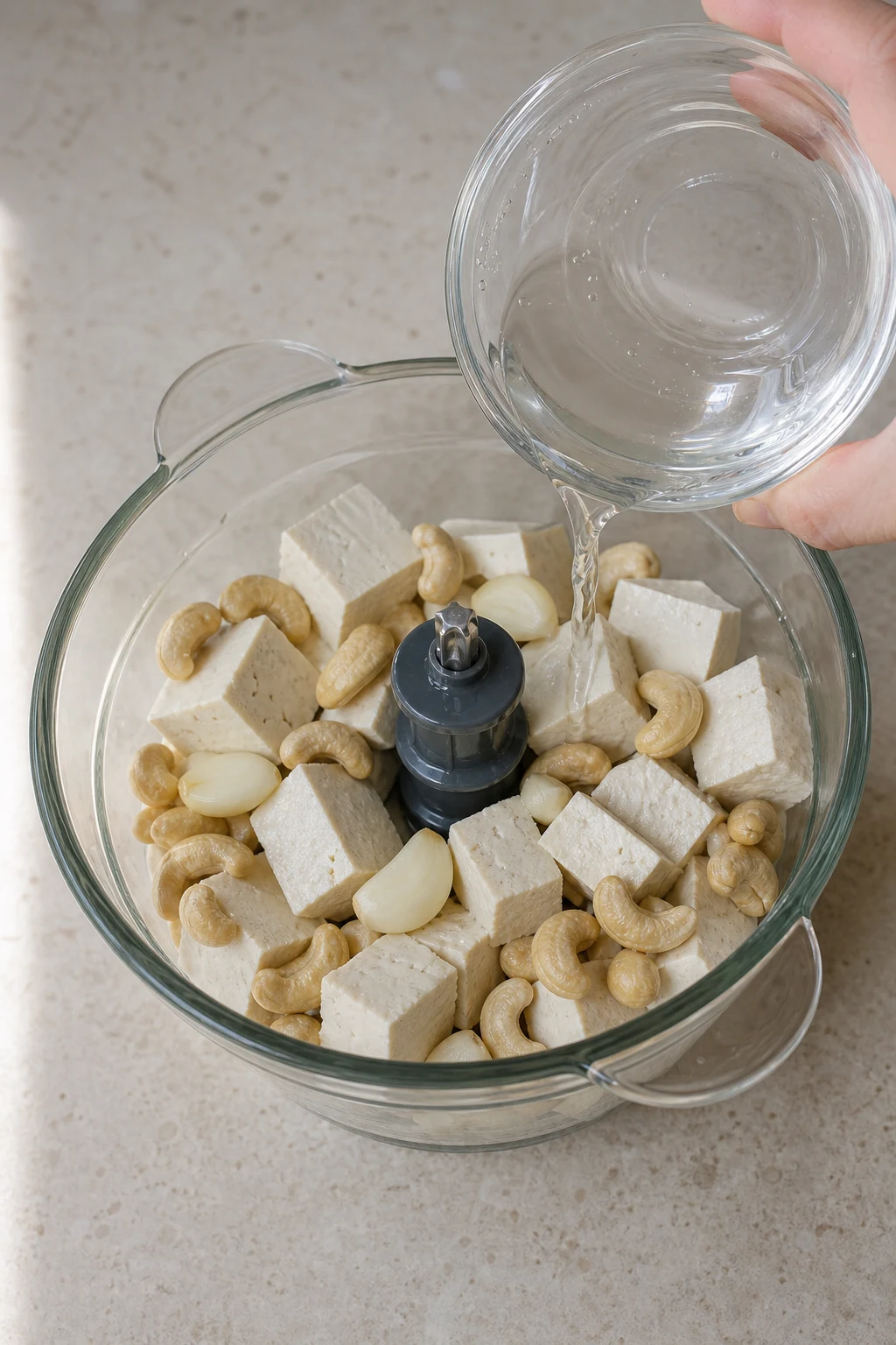 Vue rapprochée d’un bol de mixeur contenant tofu en cubes, noix de cajou égouttées, ail, sel, vinaigre et huile de coco fondue ; une main adulte anonyme verse le liquide clair, sans texte.