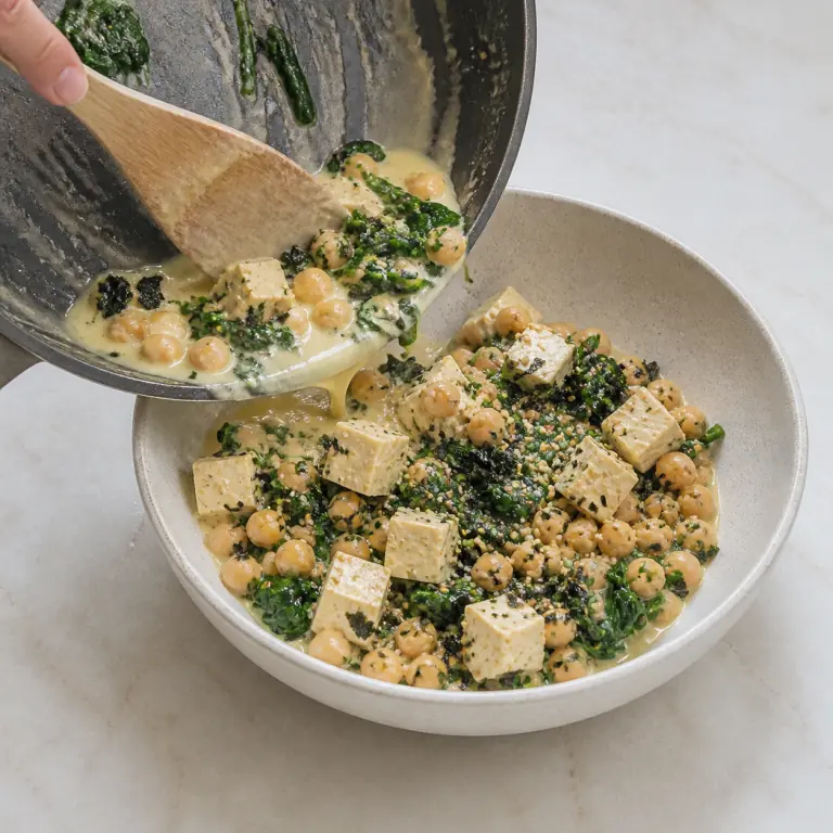 Un bol final de tofu crème soja épinards avec légumes, pois chiches, nori et sésame.