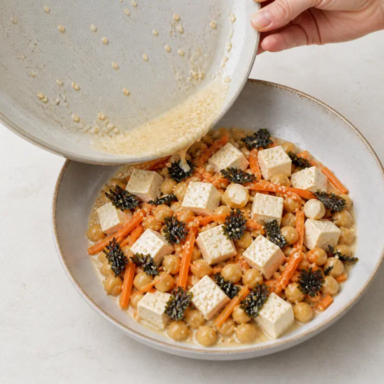 Un bol final de tofu carotte sésame avec légumes, pois chiches, nori et sésame.