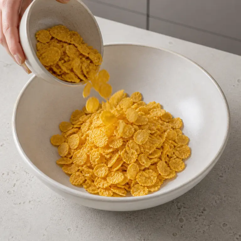 Des corn flakes dorés pesés dans un grand bol clair.
