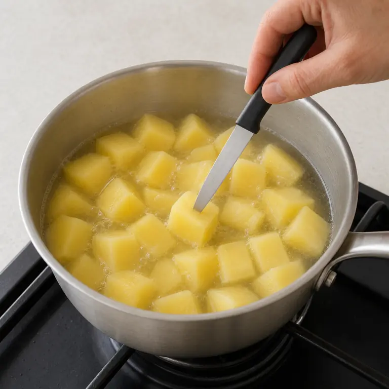 Gros plan pédagogique de fais cuire les cubes de 250 g de pommes de terre jusqu'à ce que la pointe d'un couteau entre sans résistance. Montrer le récipient exact, une main adulte avec l'ustensile adapté et la couleur ou texture qui prouve la cuisson. Aucun autre aliment ne doit masquer le résultat.