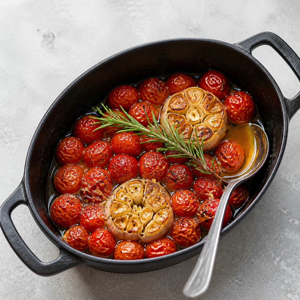 Tomates cerises rôties rouge sombre à la peau éclatée et brillante d'huile d'olive dans une petite cocotte noire en fonte, deux têtes d'ail dorées au centre, un brin de romarin frais posé dessus, cuillère de service posée dans le plat, vue de dessus sur un plan de travail gris. Aucun autre légume, aucune sauce blanche, aucune main, aucun texte, aucune marque.