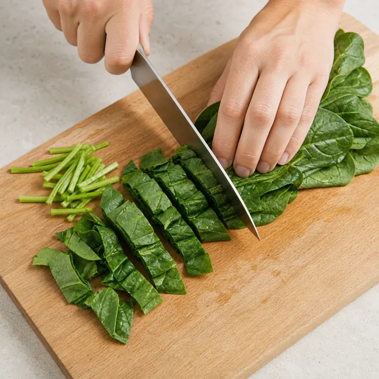 Gros plan pédagogique d'une main adulte qui rince 150 g d'épinards, retire les tiges épaisses puis rassemble les feuilles et coupe-les en bandes de 3 cm, avec lame visible, doigts en griffe, portion intacte et morceaux finis de taille lisible. Aucun autre aliment sur la planche.