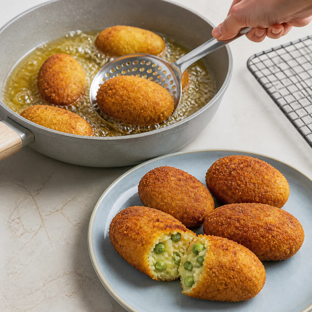 Croquettes ovales panées de chapelure dorée sur une assiette en grès bleu pâle, une croquette ouverte laissant voir une purée de pomme de terre blanche parsemée de petits pois verts et de morceaux de poireau. Aucune sauce, aucune main, aucun texte, aucune marque.