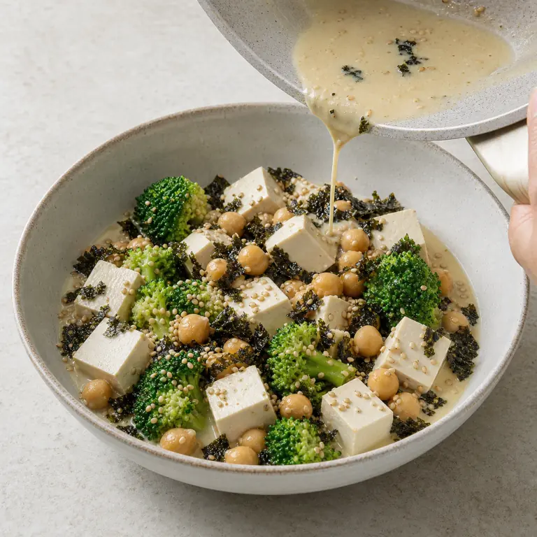 Un bol final de bowl tofu brocoli nori avec légumes, pois chiches, nori et sésame.