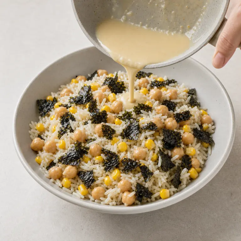 Un bol final de riz pois chiches maïs nori avec légumes, pois chiches, nori et sésame.