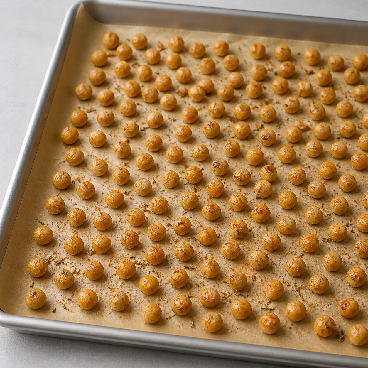 Pois chiches enrobés d'huile et d'épices étalés en une seule couche sur une plaque recouverte de papier sulfurisé, espaces visibles entre eux, poudre de paprika et herbes de Provence séchées en surface, aucun autre ingrédient, aucune main, aucun texte.